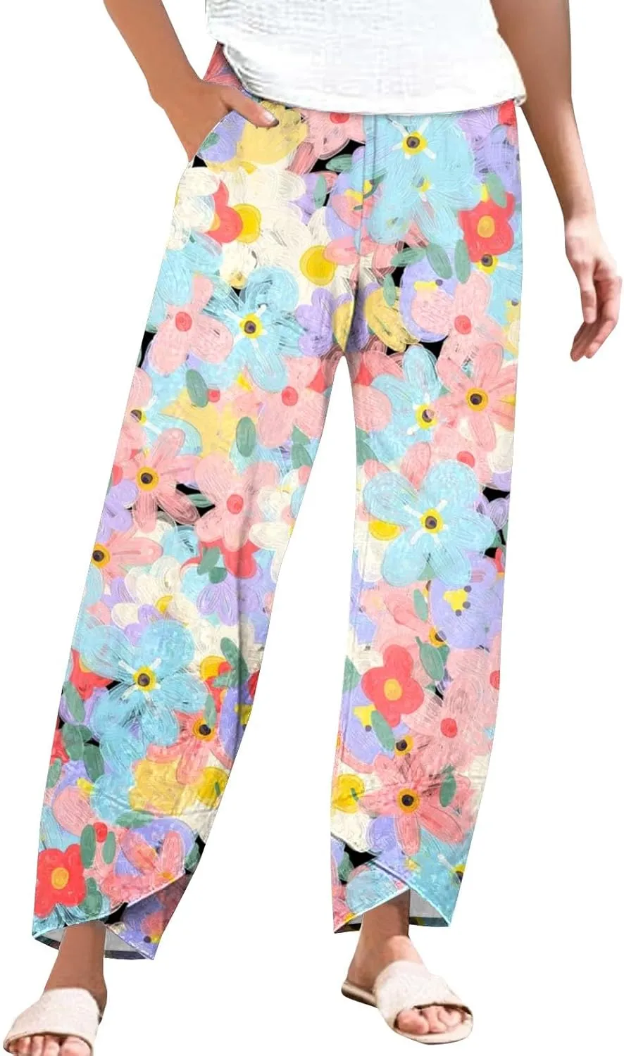Boho Pants for Women Blue Women's Floral Print Linen Lounge Trousers High Waisted Wide Leg Summer Cropped Pants for Women Trendy Outfits