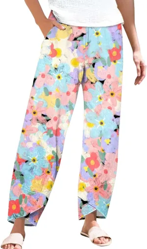 Boho Pants for Women Blue Women's Floral Print Linen Lounge Trousers High Waisted Wide Leg Summer Cropped Pants for Women Trendy Outfits