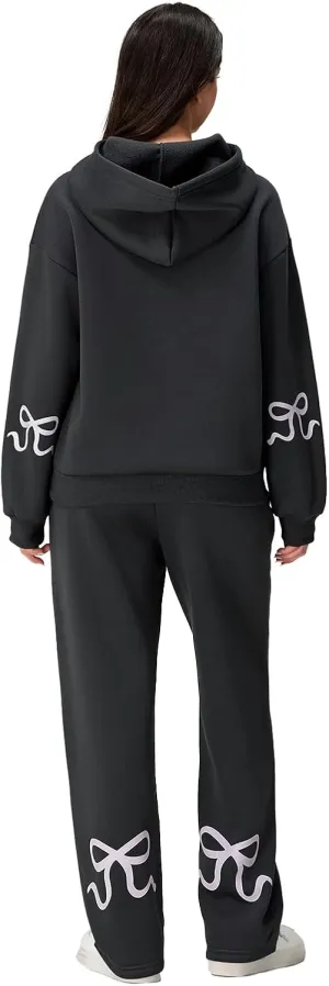 Bow Print Sweat Set for Women Two Piece Tracksuit Long Sleeve Oversized Hoodie Wide Leg Sweatpants 2 Piece Outfits