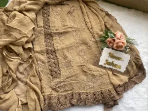 Brown Karachi Splendor: Qureshiya Crocia Suit with Dupatta