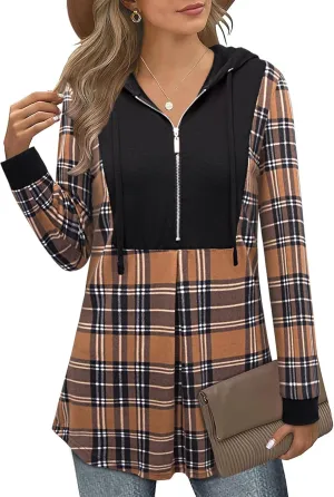 Bulotus Women's Quarter Zip Hoodies Pullover Long Sleeve Color Block Tunic Tops Drawstring Lightweight Sweatshirts