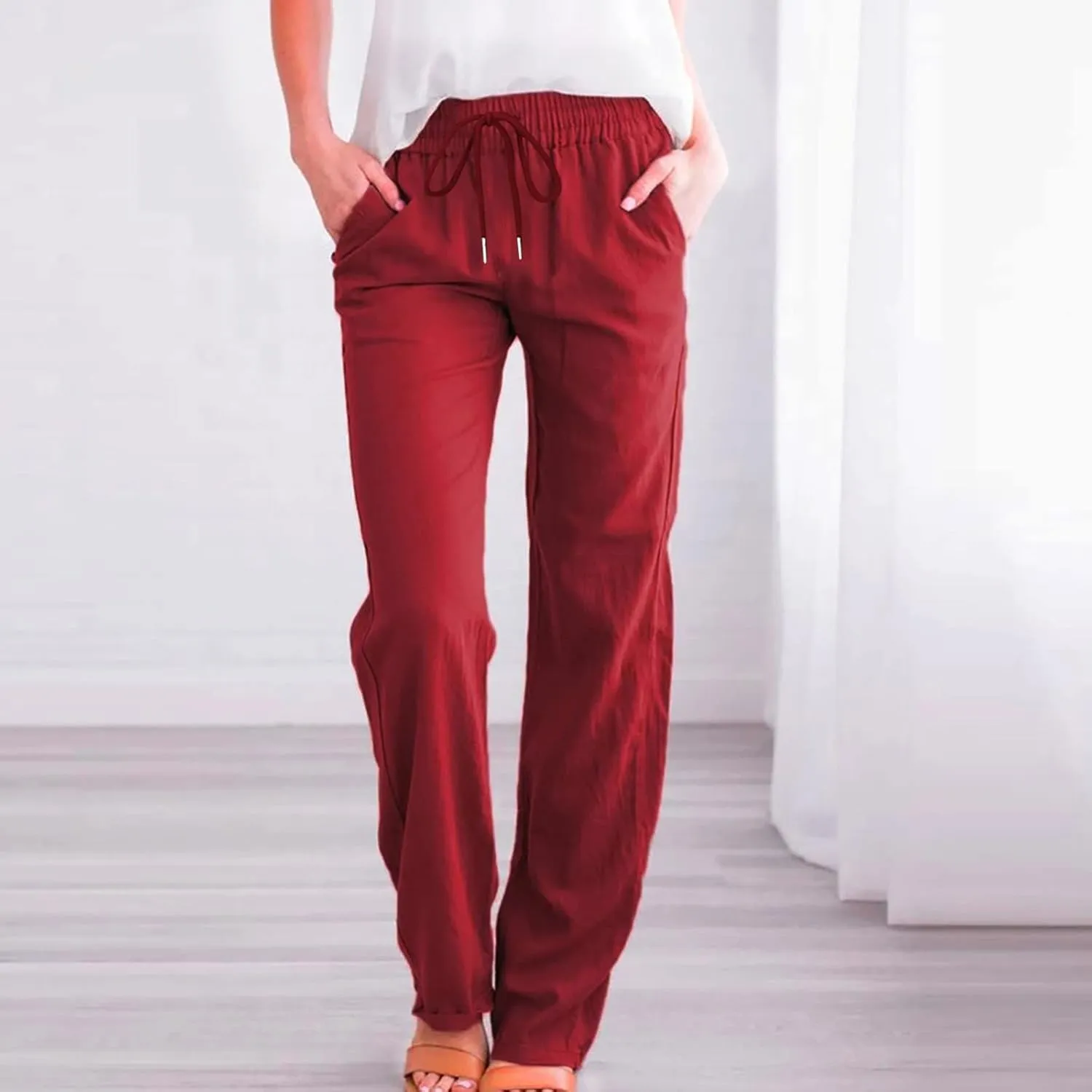 BZGTZT Linen Pants for Women Summer Casual Loose Drawstring Elastic High Waist Comfy Trousers Straight Leg Long Lounge Pant