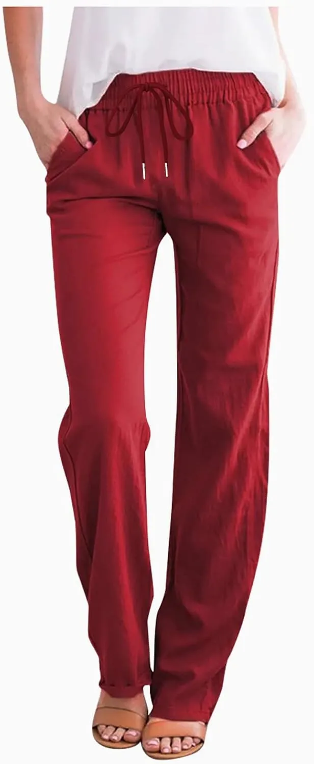 BZGTZT Linen Pants for Women Summer Casual Loose Drawstring Elastic High Waist Comfy Trousers Straight Leg Long Lounge Pant