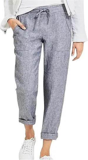 BZGTZT Wide Leg Linen Pants for Women Plus Size Elastic Waist Casual Summer Pants Loose Fit Beach Pants Comfy Cotton Trouser