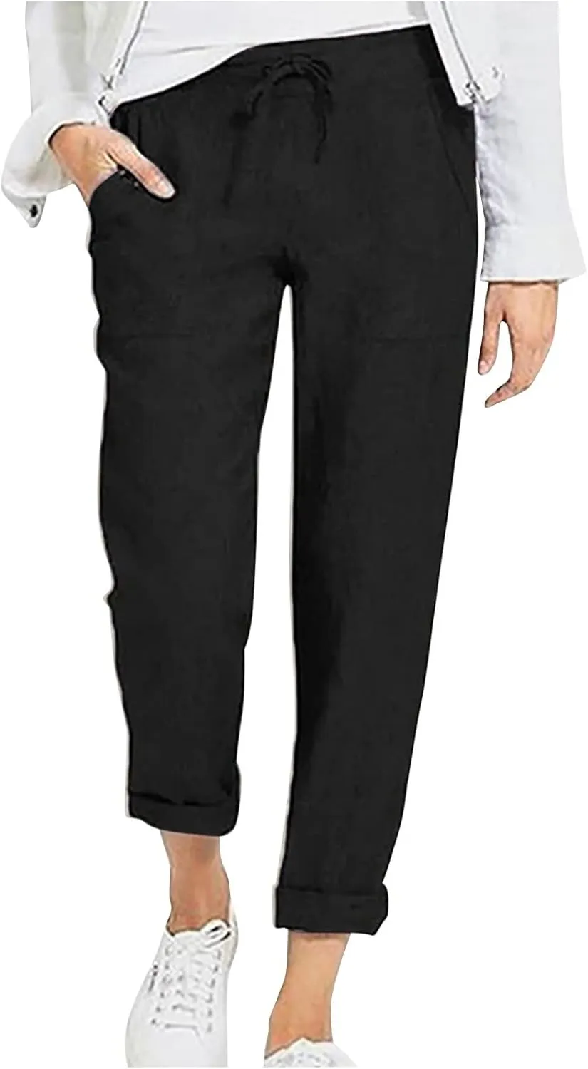BZGTZT Wide Leg Linen Pants for Women Plus Size Elastic Waist Casual Summer Pants Loose Fit Beach Pants Comfy Cotton Trouser
