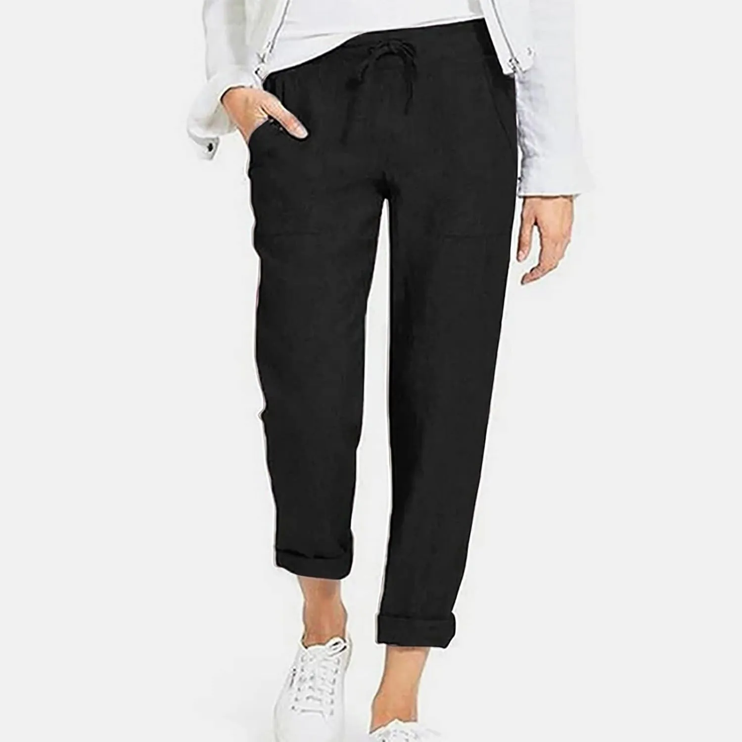 BZGTZT Wide Leg Linen Pants for Women Plus Size Elastic Waist Casual Summer Pants Loose Fit Beach Pants Comfy Cotton Trouser
