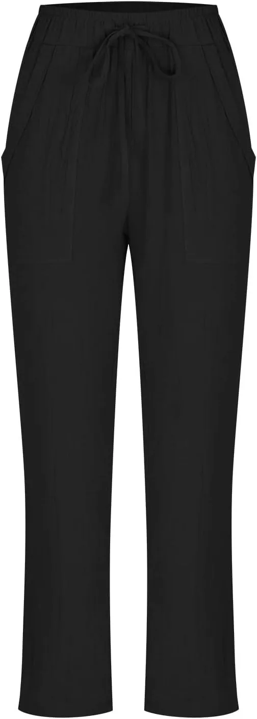 BZGTZT Wide Leg Linen Pants for Women Plus Size Elastic Waist Casual Summer Pants Loose Fit Beach Pants Comfy Cotton Trouser