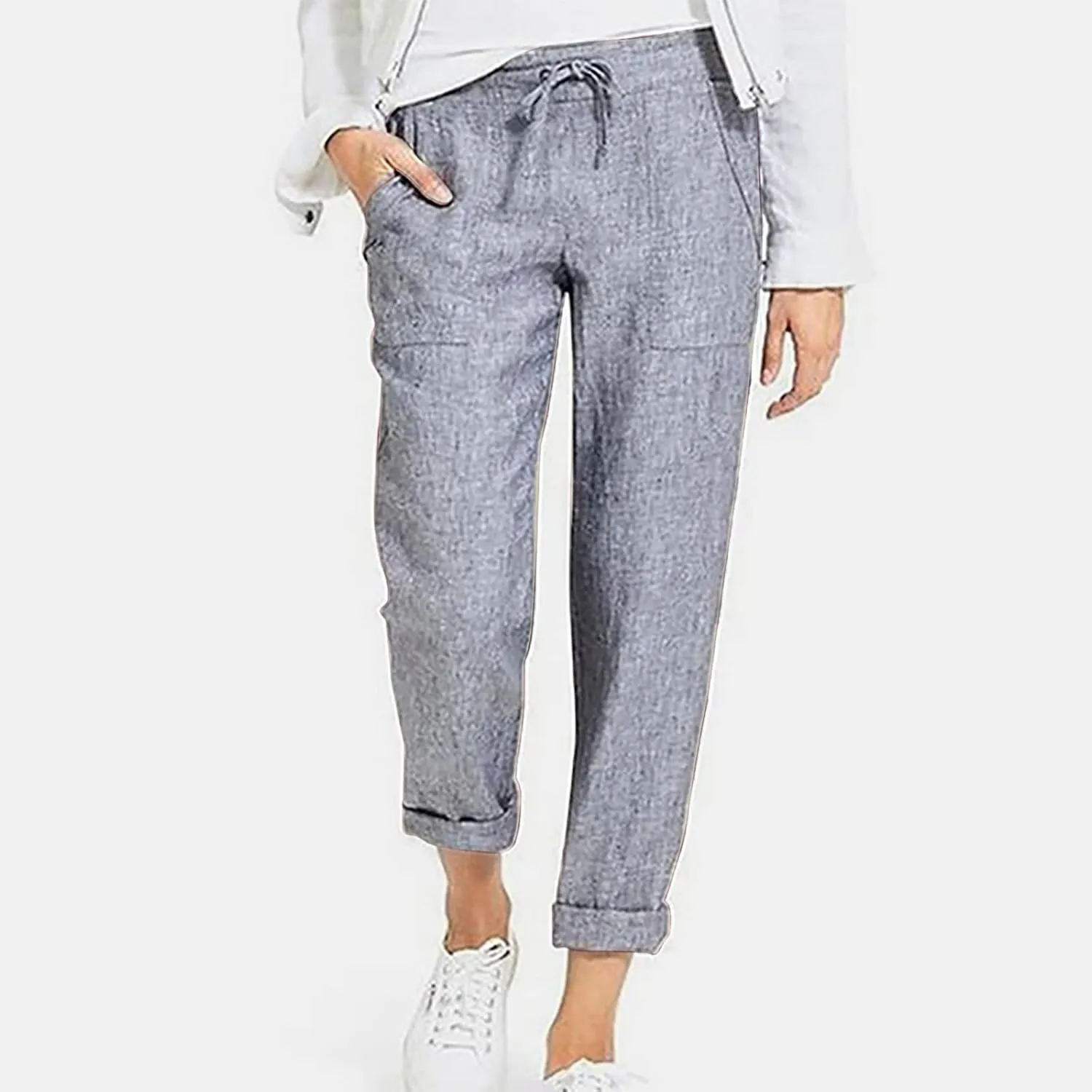 BZGTZT Wide Leg Linen Pants for Women Plus Size Elastic Waist Casual Summer Pants Loose Fit Beach Pants Comfy Cotton Trouser
