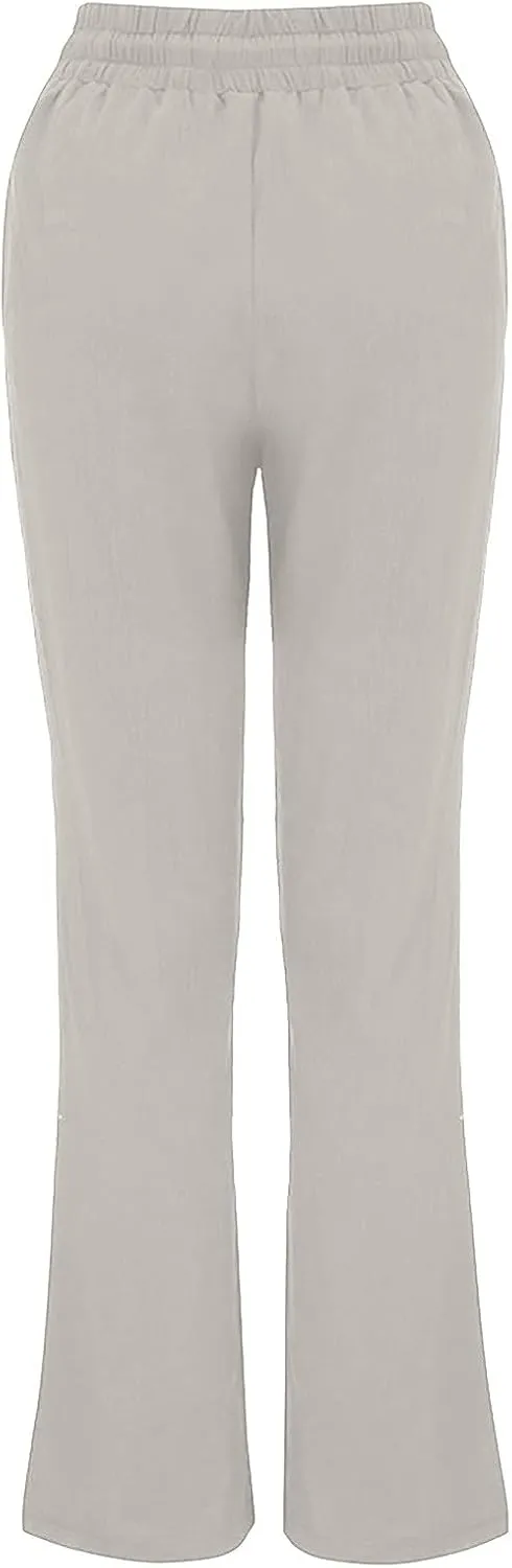 BZGTZT Women Summer Linen Pants Wide Leg Long Straight Solid Elastic Pant Trousers with Pocket Comfy Casual Loose Pants