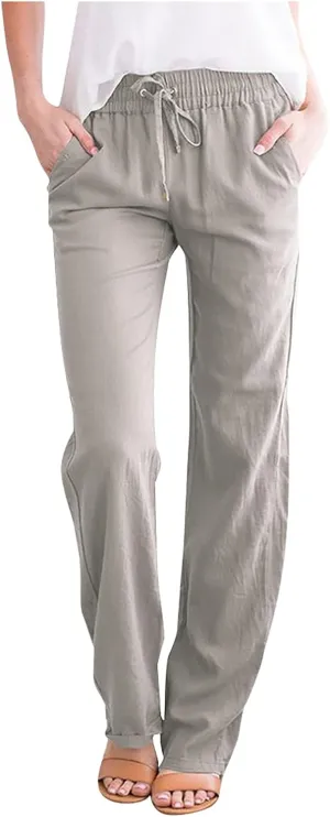 BZGTZT Women Summer Linen Pants Wide Leg Long Straight Solid Elastic Pant Trousers with Pocket Comfy Casual Loose Pants