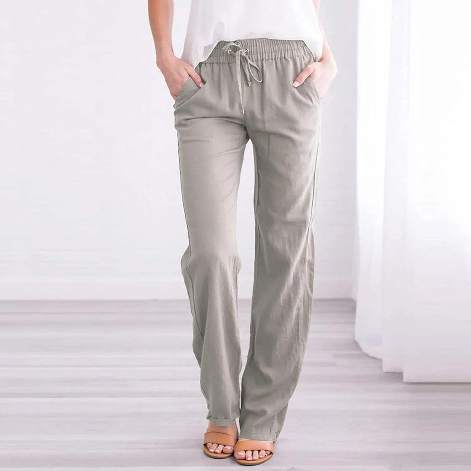 BZGTZT Women Summer Linen Pants Wide Leg Long Straight Solid Elastic Pant Trousers with Pocket Comfy Casual Loose Pants