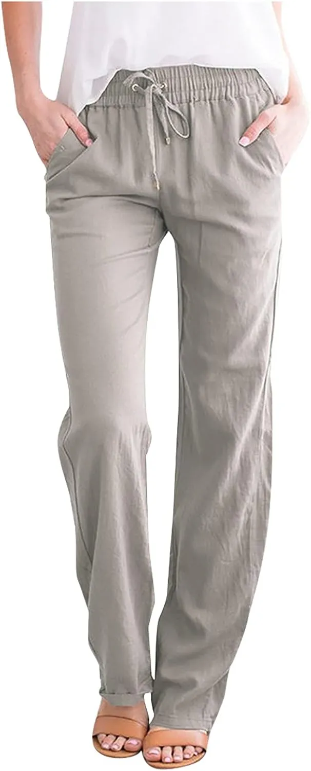 BZGTZT Women Summer Linen Pants Wide Leg Long Straight Solid Elastic Pant Trousers with Pocket Comfy Casual Loose Pants