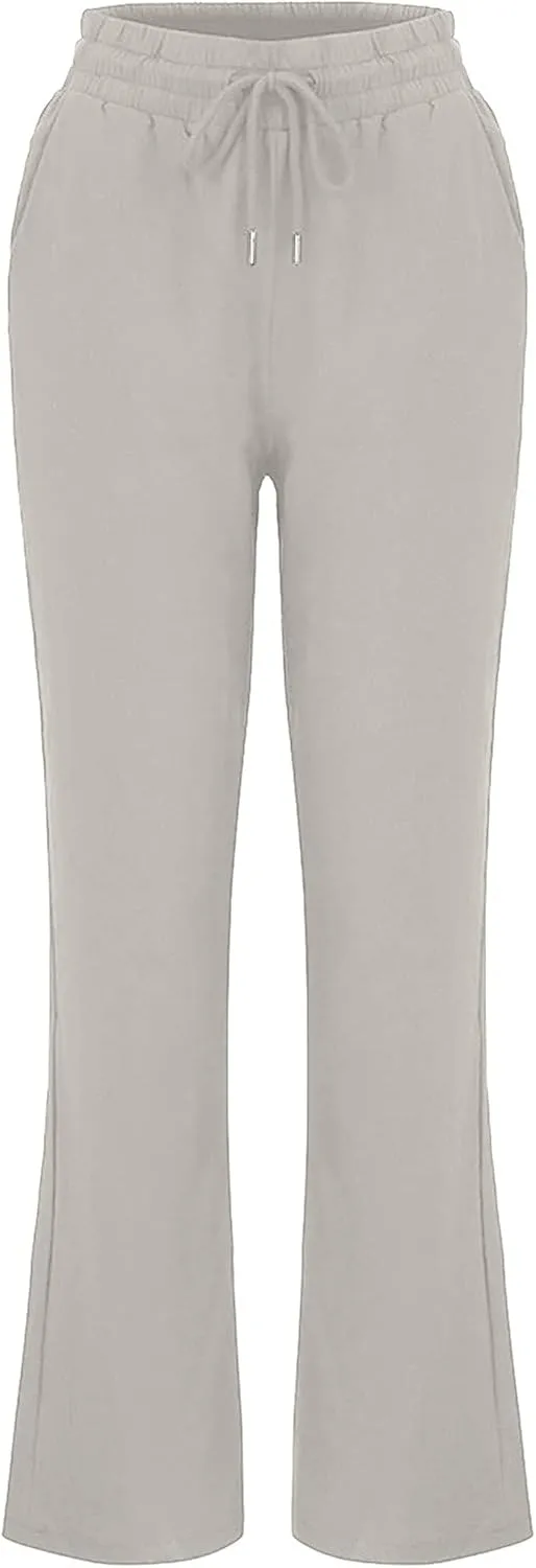 BZGTZT Women Summer Linen Pants Wide Leg Long Straight Solid Elastic Pant Trousers with Pocket Comfy Casual Loose Pants