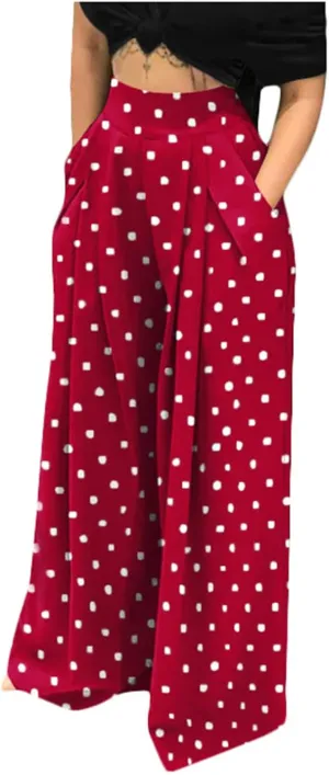 BZGTZT Women Wide Leg Pants Polka Dot Print Palazzo Pants Elastic High Waist Loose Fit Pleated Flowy Business Pants Trousers