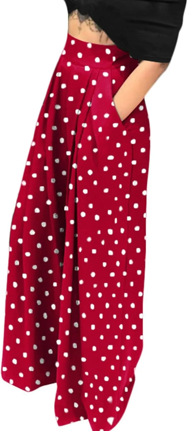 BZGTZT Women Wide Leg Pants Polka Dot Print Palazzo Pants Elastic High Waist Loose Fit Pleated Flowy Business Pants Trousers