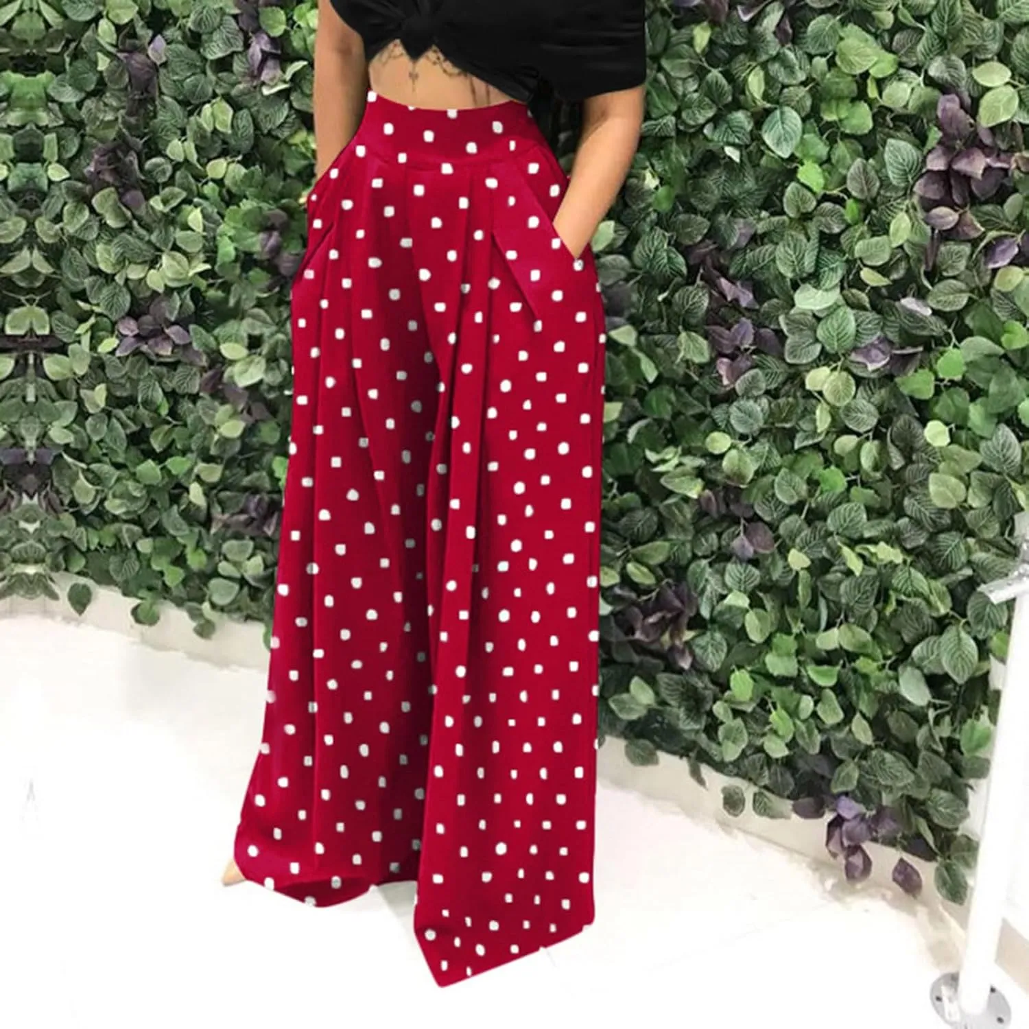 BZGTZT Women Wide Leg Pants Polka Dot Print Palazzo Pants Elastic High Waist Loose Fit Pleated Flowy Business Pants Trousers