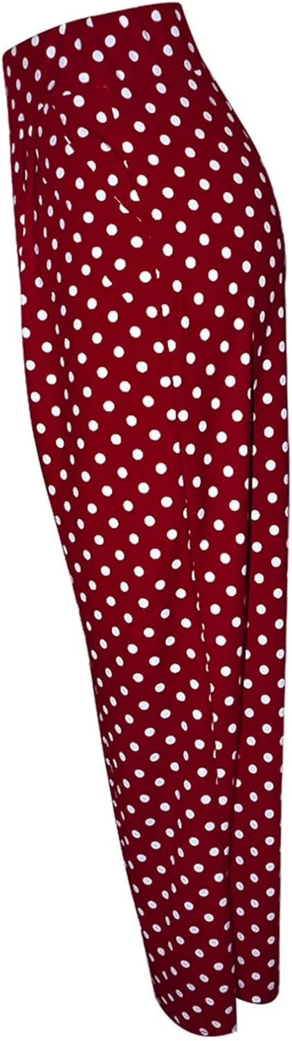 BZGTZT Women Wide Leg Pants Polka Dot Print Palazzo Pants Elastic High Waist Loose Fit Pleated Flowy Business Pants Trousers