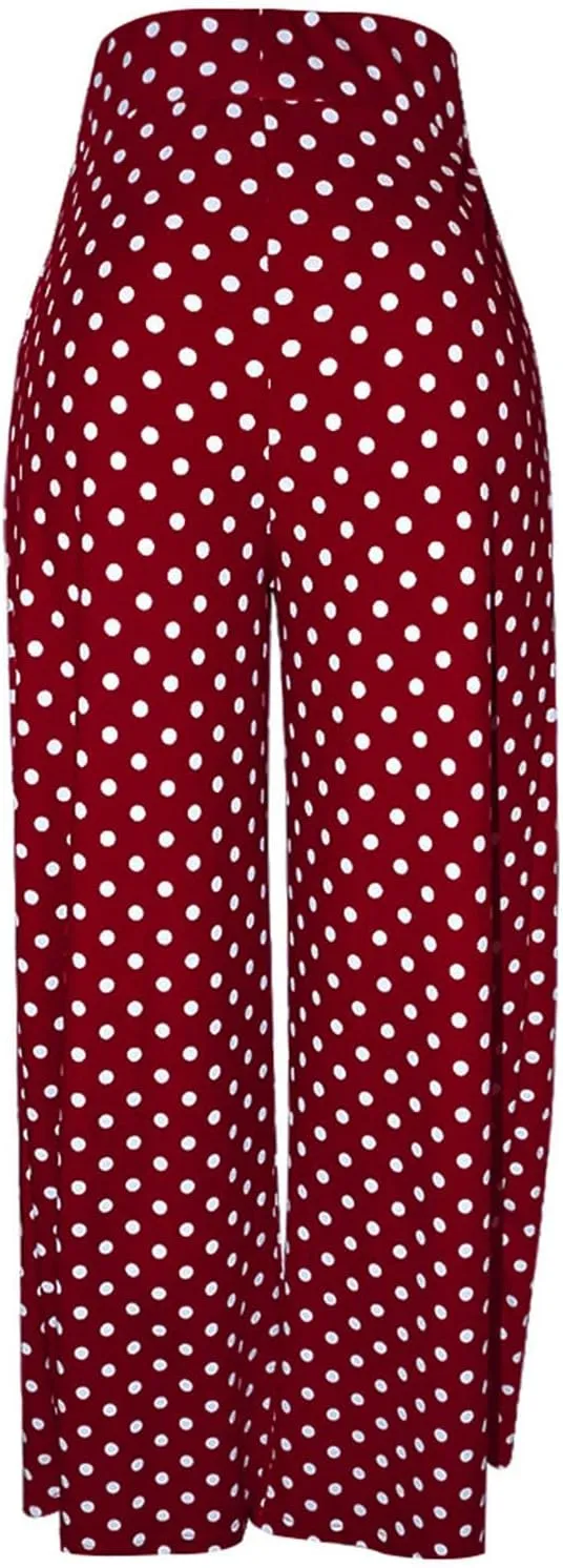 BZGTZT Women Wide Leg Pants Polka Dot Print Palazzo Pants Elastic High Waist Loose Fit Pleated Flowy Business Pants Trousers