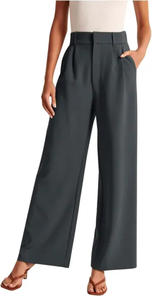 BZGTZT Women's Plus Size Suit Pant Wide Leg Pants Elastic High Waist Lightweight Business Trousers Long Straight Dress Pants