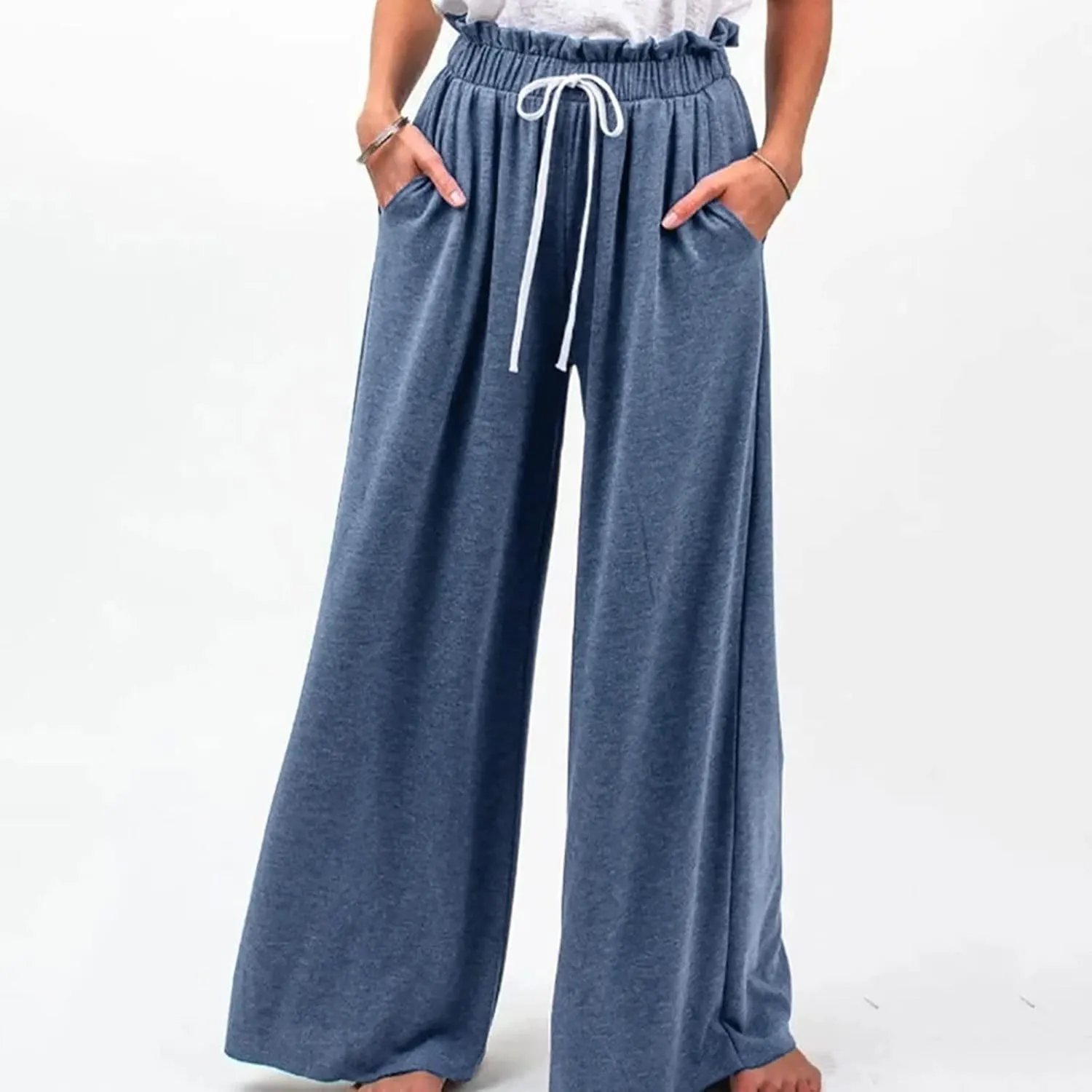 BZGTZT Women's Summer Linen Pants Casual Loose Fit Drawstring Ruffle High Waist Straight-Legs Pants Trousers with Pockets