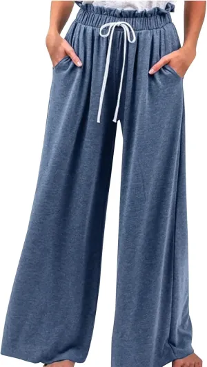 BZGTZT Women's Summer Linen Pants Casual Loose Fit Drawstring Ruffle High Waist Straight-Legs Pants Trousers with Pockets
