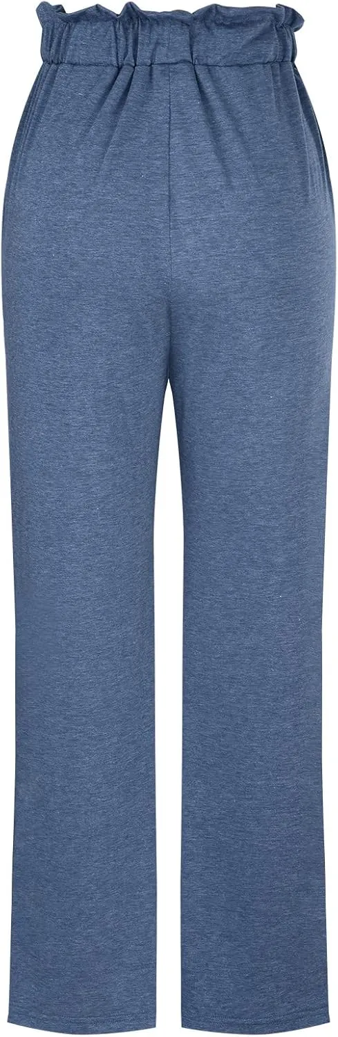 BZGTZT Women's Summer Linen Pants Casual Loose Fit Drawstring Ruffle High Waist Straight-Legs Pants Trousers with Pockets