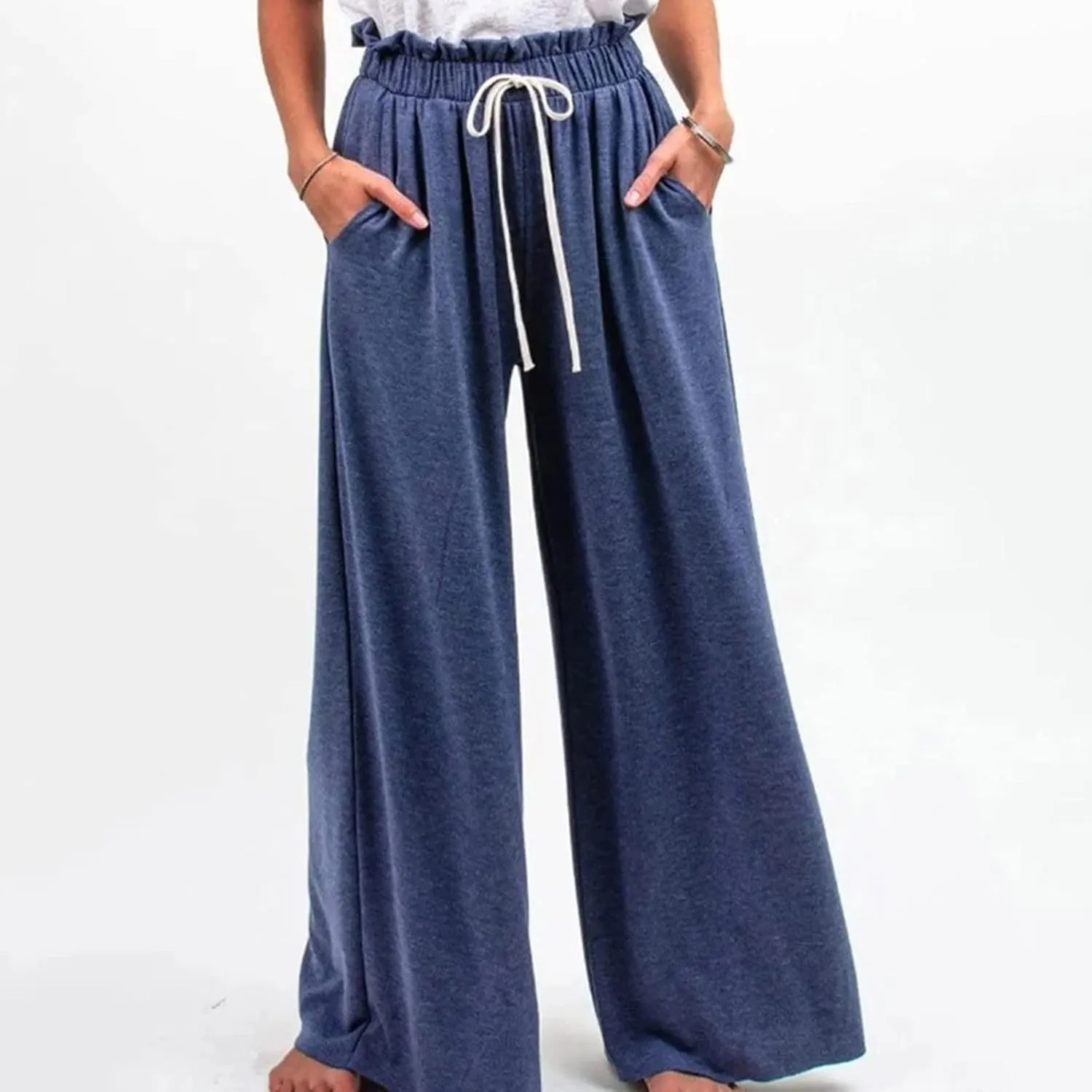 BZGTZT Women's Summer Linen Pants Casual Loose Fit Drawstring Ruffle High Waist Straight-Legs Pants Trousers with Pockets