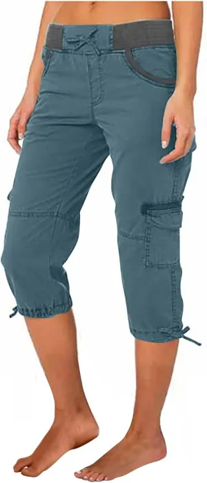 Capri Cargo Pants for Women 2024 Elastic High Waist Drawstring 3/4 Hiking Pants with Multi Pockets Casual Slim Fit Work Pants