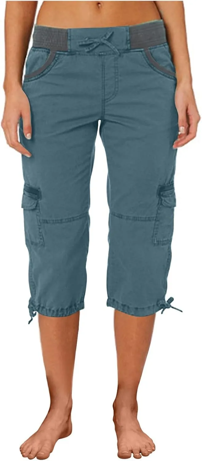 Capri Cargo Pants for Women 2024 Elastic High Waist Drawstring 3/4 Hiking Pants with Multi Pockets Casual Slim Fit Work Pants