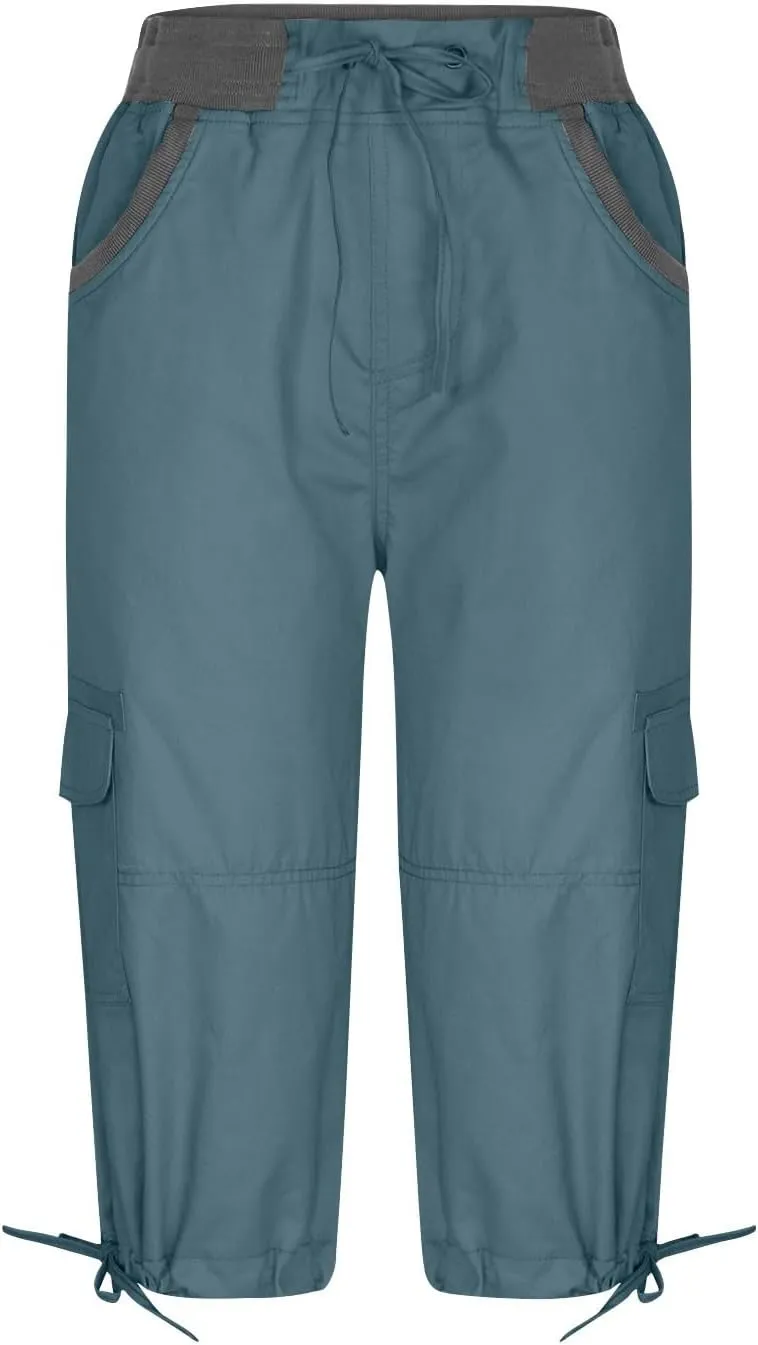 Capri Cargo Pants for Women 2024 Elastic High Waist Drawstring 3/4 Hiking Pants with Multi Pockets Casual Slim Fit Work Pants