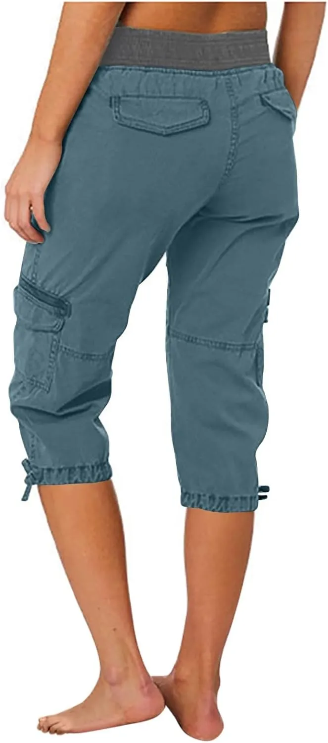 Capri Cargo Pants for Women 2024 Elastic High Waist Drawstring 3/4 Hiking Pants with Multi Pockets Casual Slim Fit Work Pants