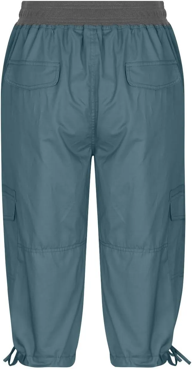 Capri Cargo Pants for Women 2024 Elastic High Waist Drawstring 3/4 Hiking Pants with Multi Pockets Casual Slim Fit Work Pants