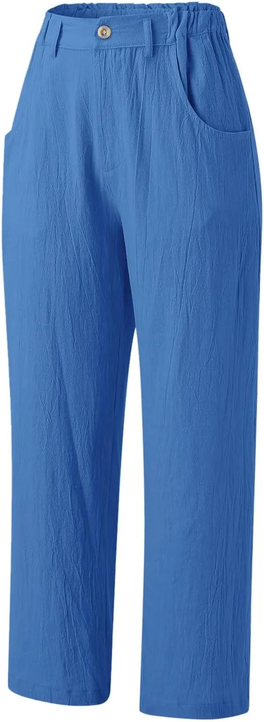 Capri Linen Pants for Women 2025 Summer Trendy Elastic High Waist Straight Leg Casual Pants Stretchy Loose Trousers
