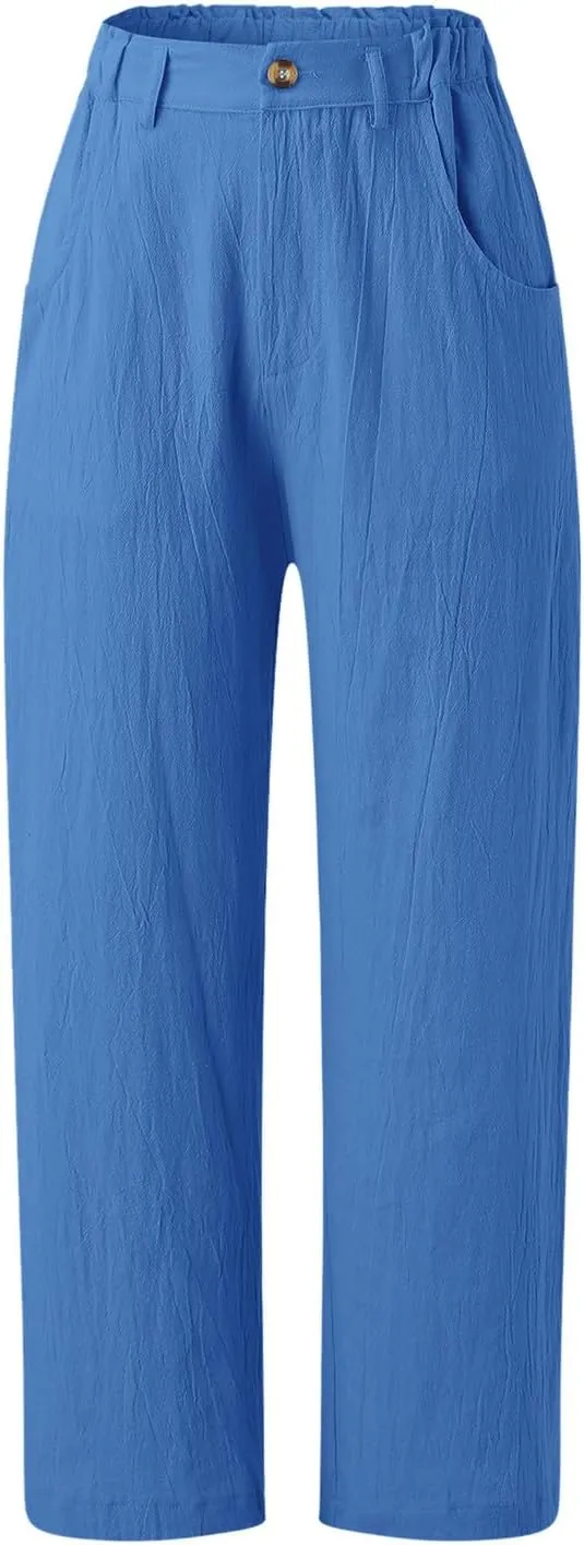 Capri Linen Pants for Women 2025 Summer Trendy Elastic High Waist Straight Leg Casual Pants Stretchy Loose Trousers