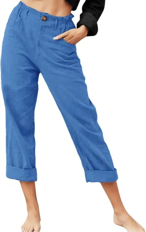 Capri Linen Pants for Women 2025 Summer Trendy Elastic High Waist Straight Leg Casual Pants Stretchy Loose Trousers