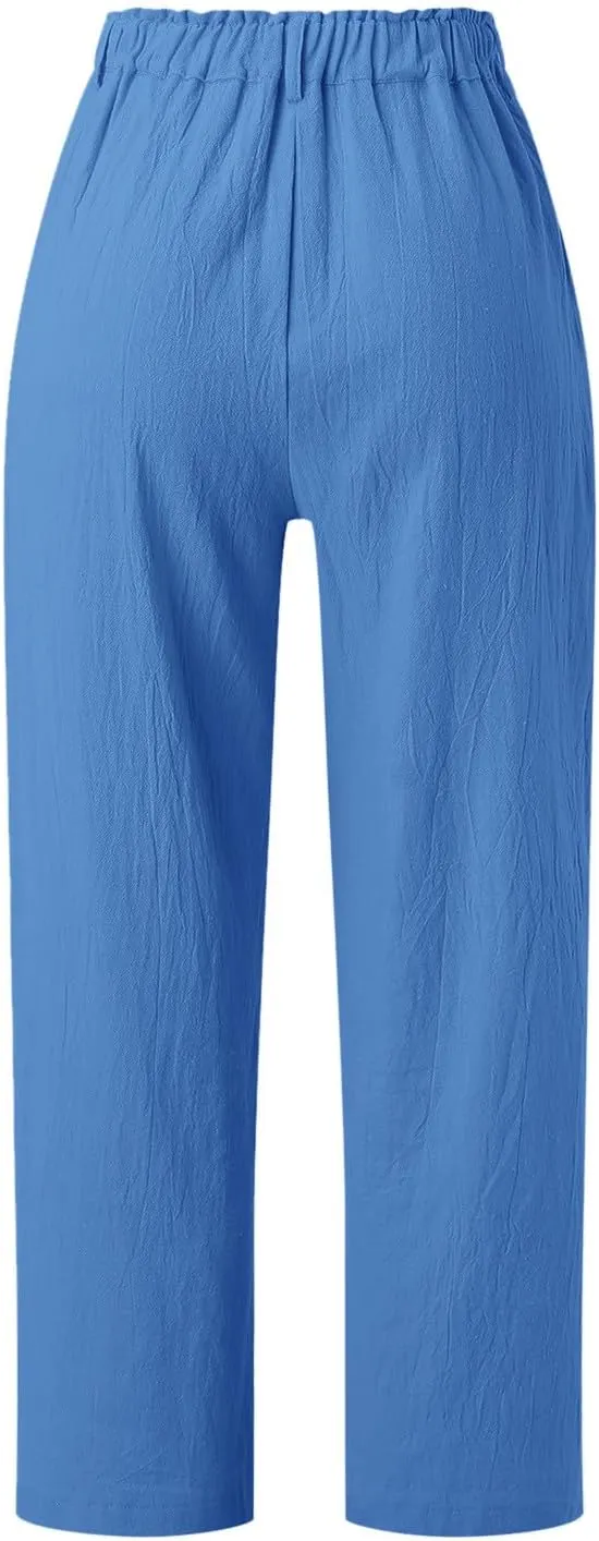 Capri Linen Pants for Women 2025 Summer Trendy Elastic High Waist Straight Leg Casual Pants Stretchy Loose Trousers