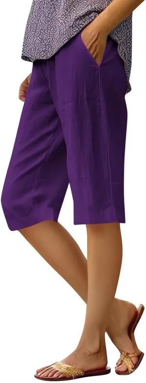 Capri Pants for Women 2025 Linen Elastic Waist Knee Length Capris Summer Straight Leg Loose Beach Shorts with Pocket