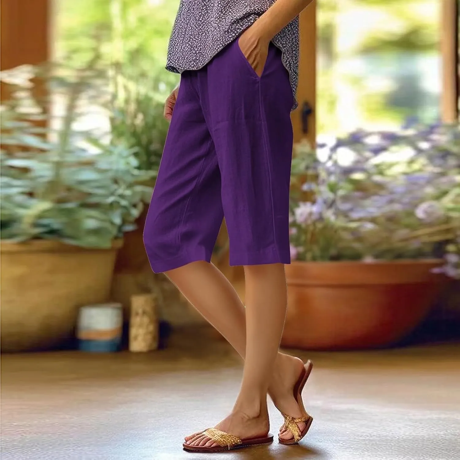 Capri Pants for Women 2025 Linen Elastic Waist Knee Length Capris Summer Straight Leg Loose Beach Shorts with Pocket
