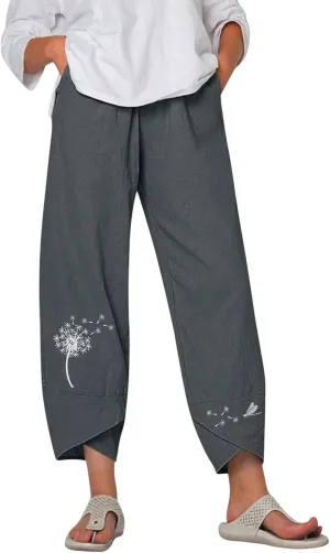 Capri Pants for Women 2025 Summer Cotton Linen Dandelion Cropped Pants High Waisted Baggy Beach Trousers with Pockets