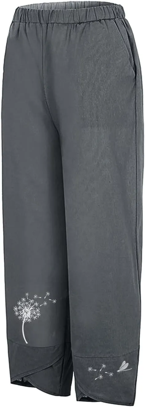 Capri Pants for Women 2025 Summer Cotton Linen Dandelion Cropped Pants High Waisted Baggy Beach Trousers with Pockets