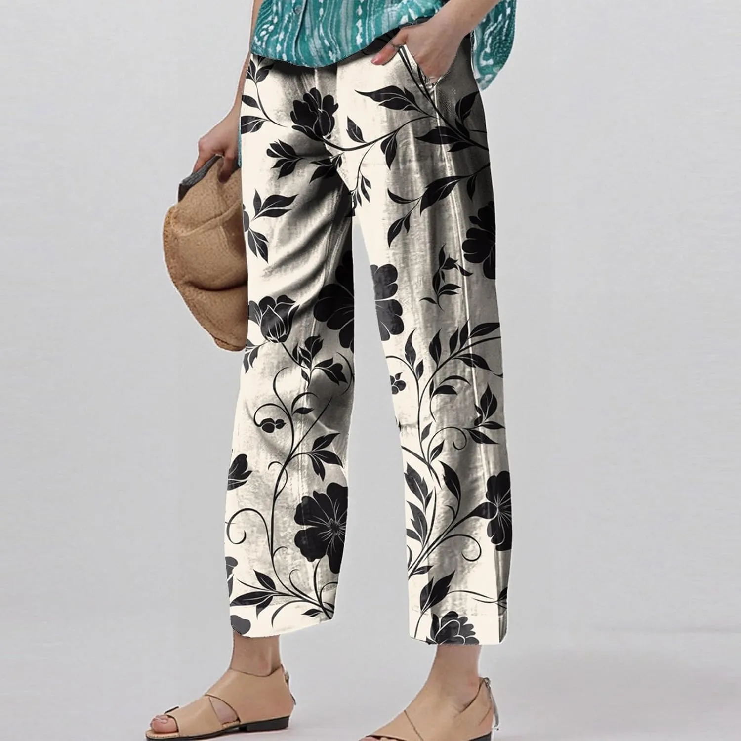 Capri Pants for Women Boho Floral Casual Linen Pants Elastic Waisted Drawstring Summer Beach Trouser with Pockets