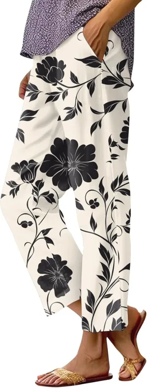 Capri Pants for Women Boho Floral Casual Linen Pants Elastic Waisted Drawstring Summer Beach Trouser with Pockets