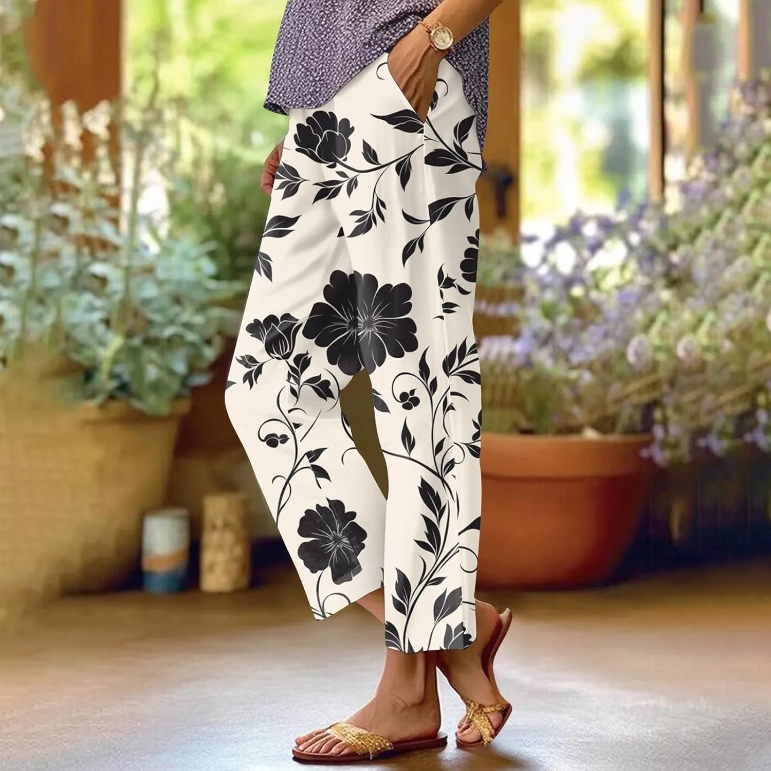 Capri Pants for Women Boho Floral Casual Linen Pants Elastic Waisted Drawstring Summer Beach Trouser with Pockets