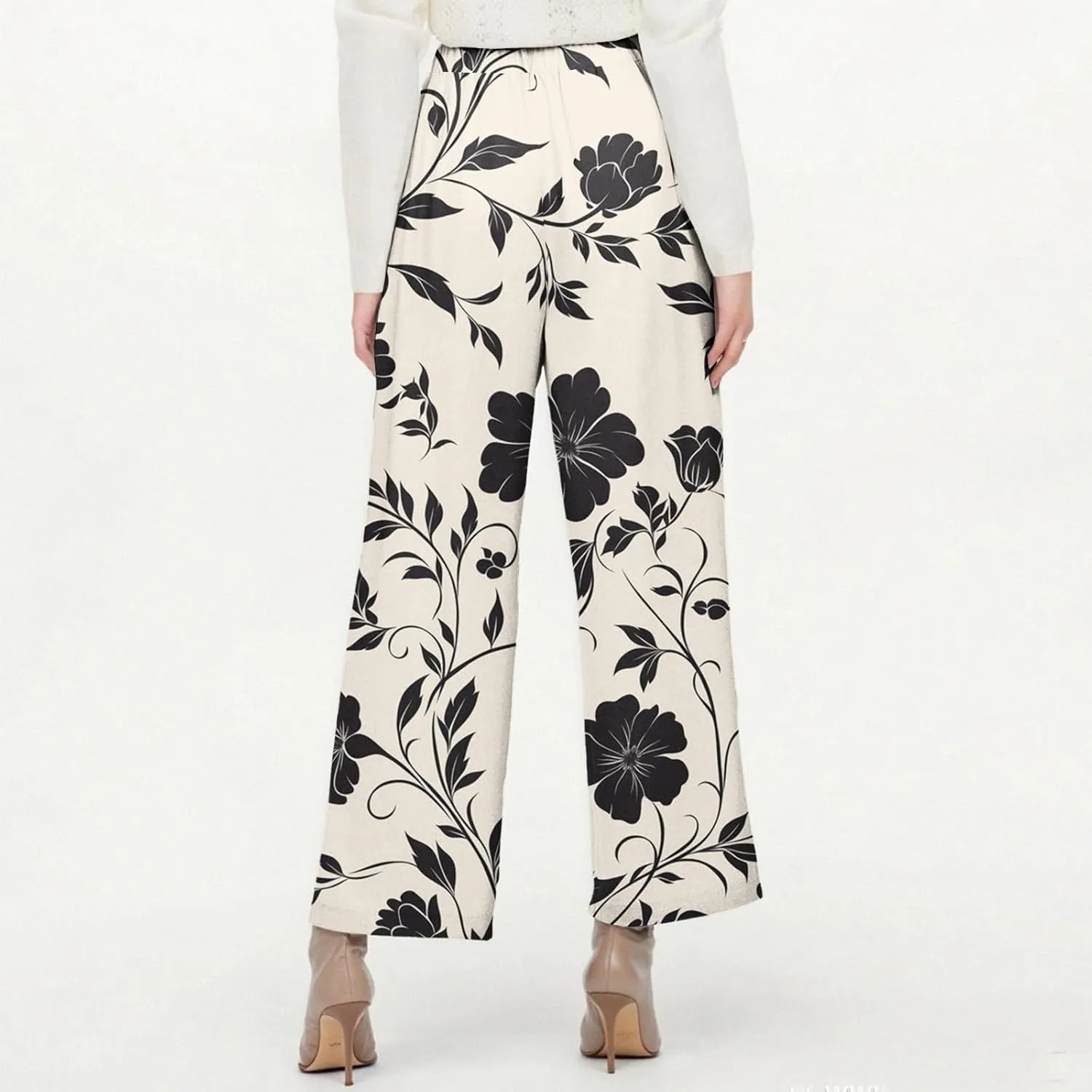 Capri Pants for Women Boho Floral Casual Linen Pants Elastic Waisted Drawstring Summer Beach Trouser with Pockets