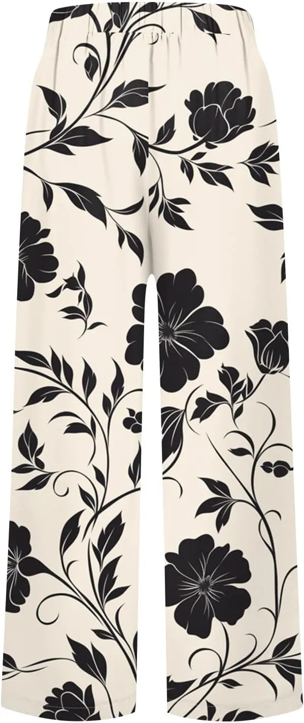 Capri Pants for Women Boho Floral Casual Linen Pants Elastic Waisted Drawstring Summer Beach Trouser with Pockets