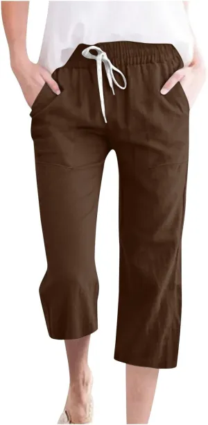 Capri Pants for Women Casual 2025 Summer Drawstring Elastic High Waist Linen Pant Straight Wide Leg Cropped Trousers