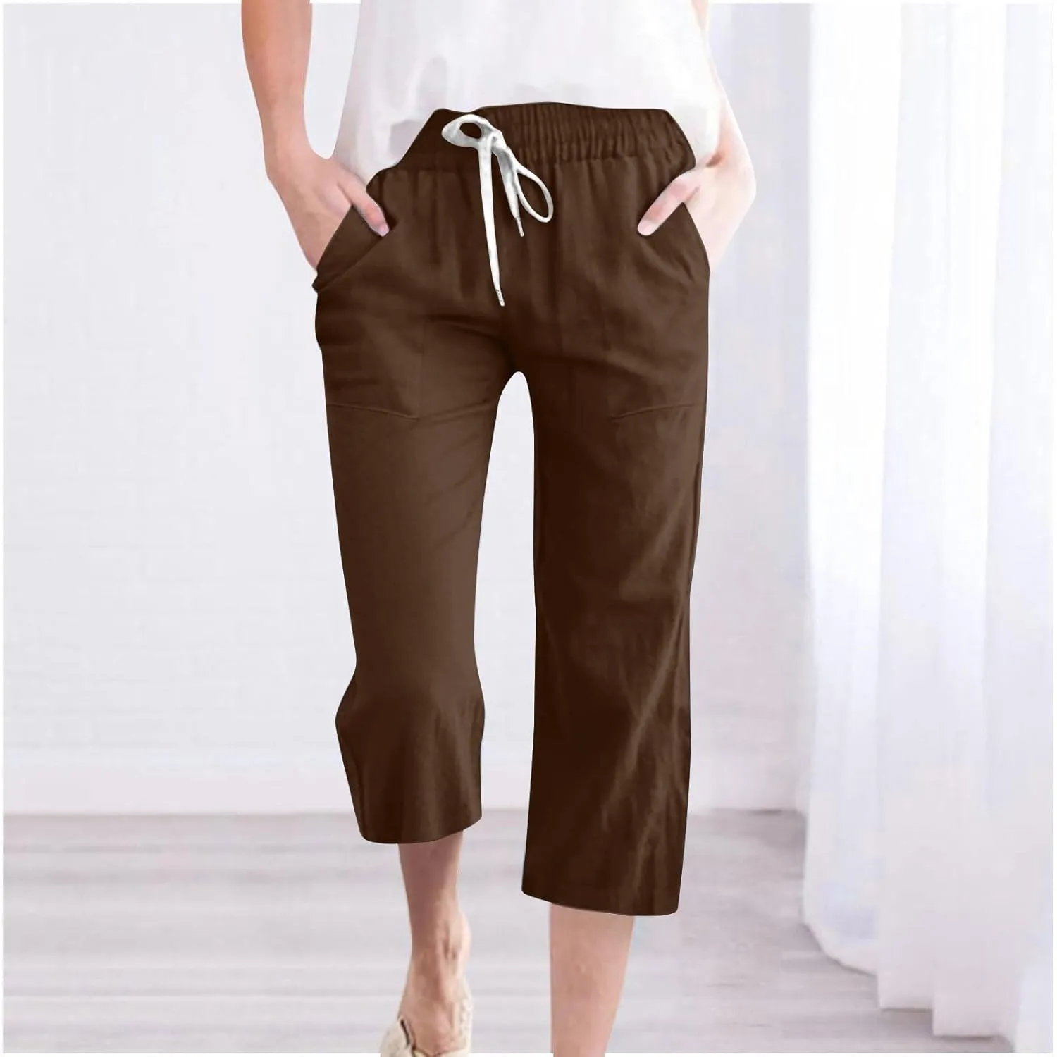 Capri Pants for Women Casual 2025 Summer Drawstring Elastic High Waist Linen Pant Straight Wide Leg Cropped Trousers