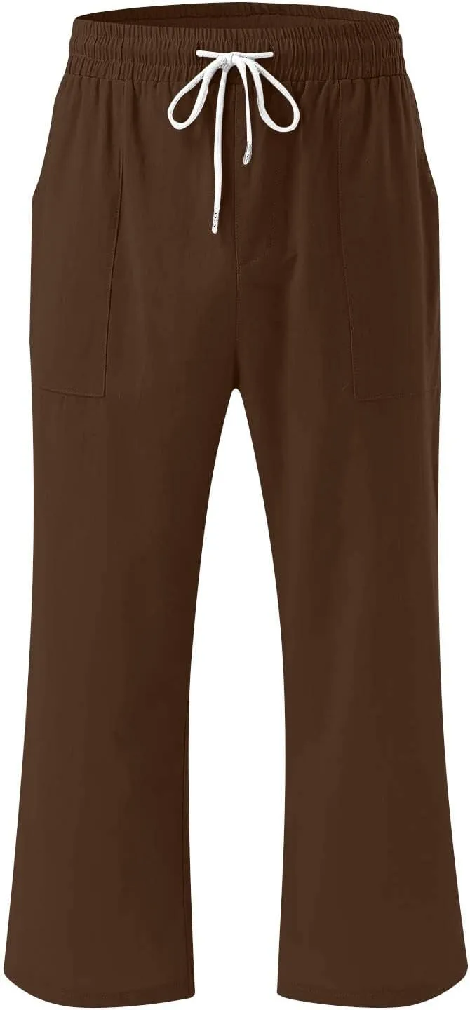 Capri Pants for Women Casual 2025 Summer Drawstring Elastic High Waist Linen Pant Straight Wide Leg Cropped Trousers