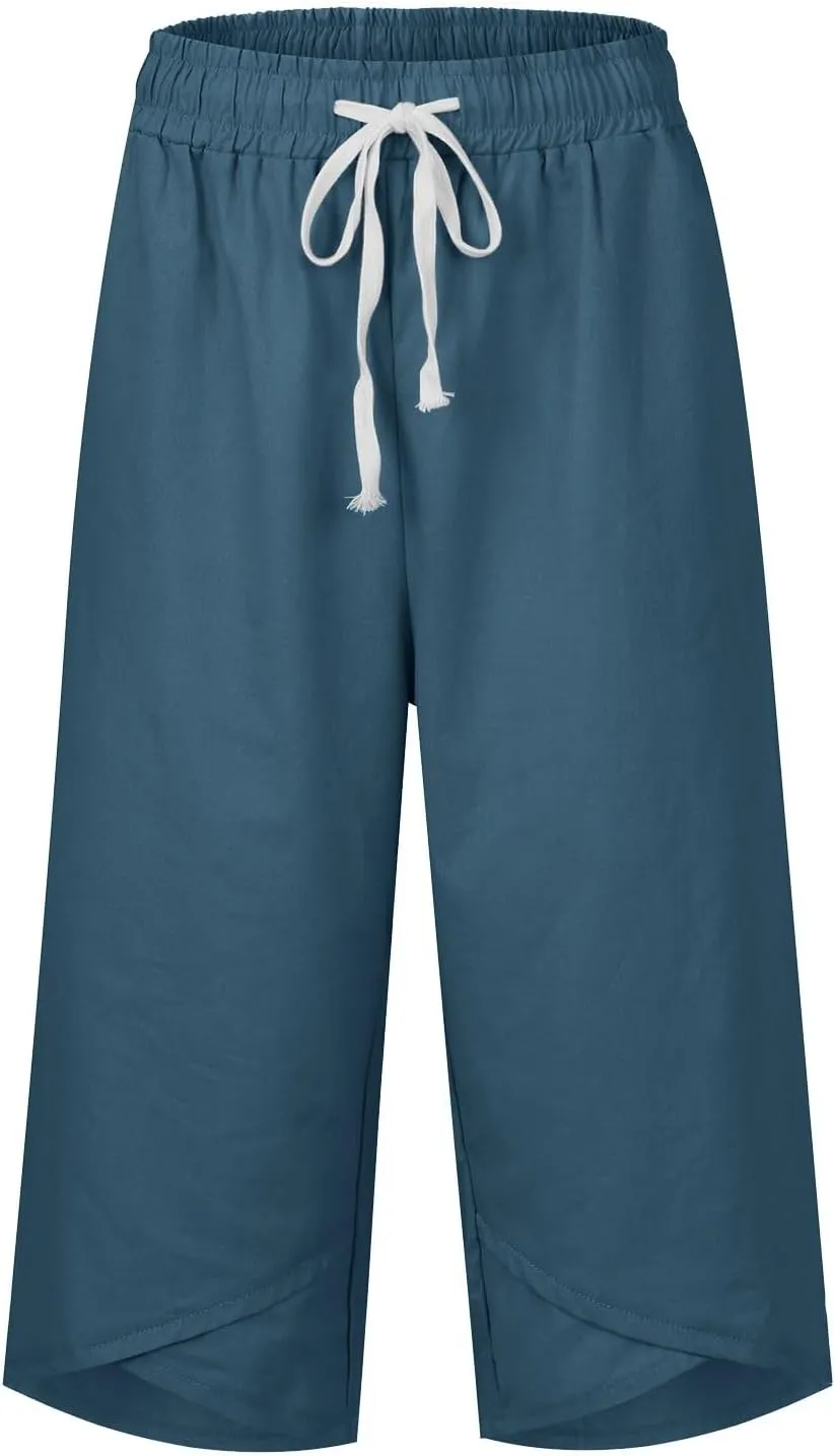 Capri Pants for Women Casual Lightweight Drawstring Waist Pedal Pushers Comfy Ruffle Hem Lounge Pants with Pockets