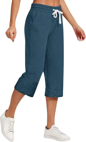Capri Pants for Women Casual Lightweight Drawstring Waist Pedal Pushers Comfy Ruffle Hem Lounge Pants with Pockets